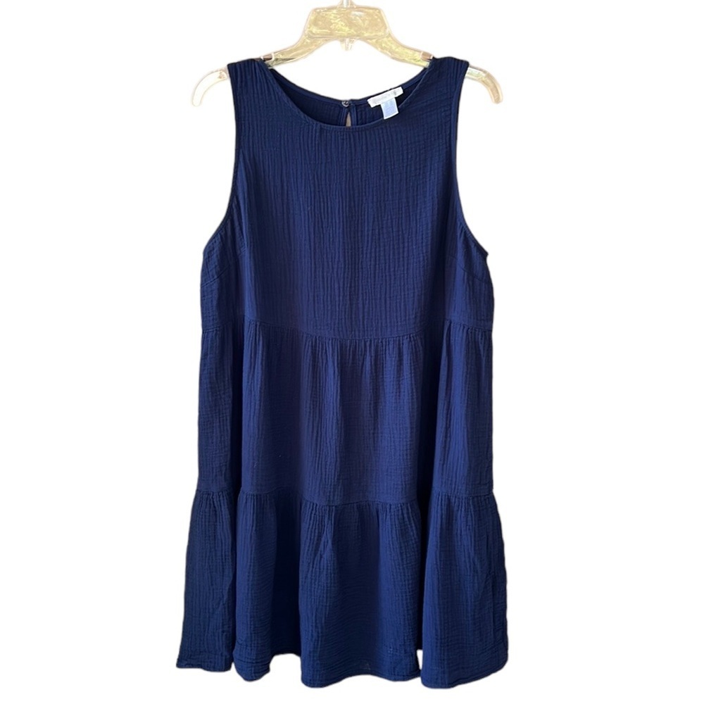 London Times Sz 14 Navy 100% Cotton Double Gauze Tiered Summer Midi Dress
